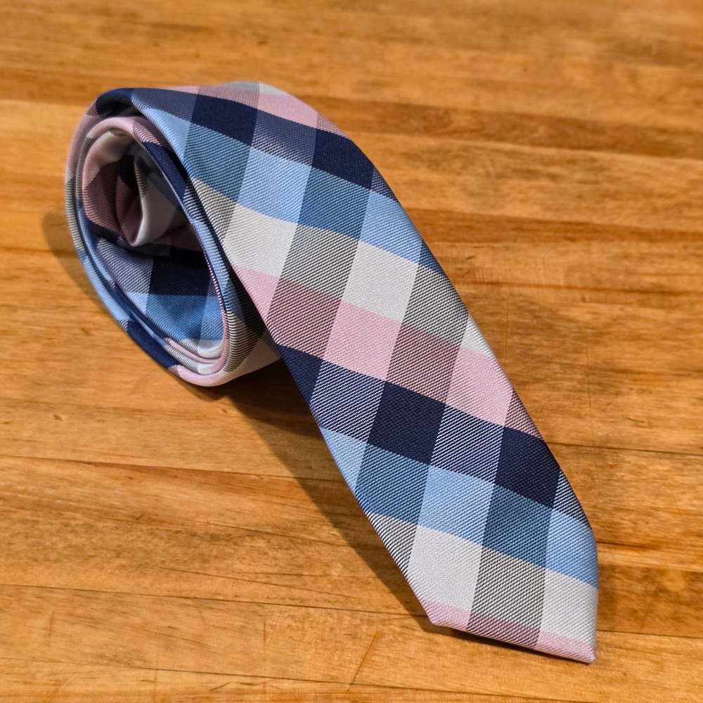 Tommy Hilfiger Boys Slim Necktie Plaid Navy Blue Pink White 2 x 50" Preppy